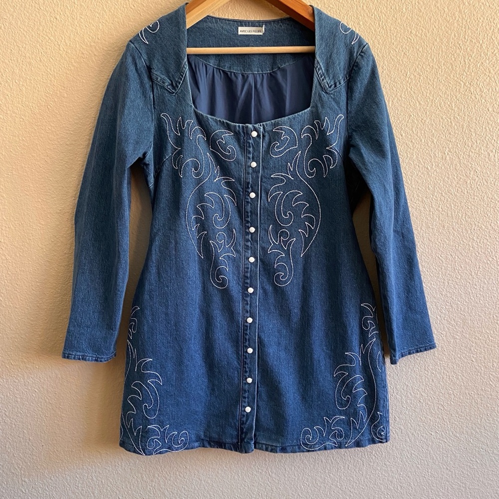 Dress - Avec Les Filles - Blue Denim - Western Boot-Like Embroidered Stitching - Picture 7 of 11